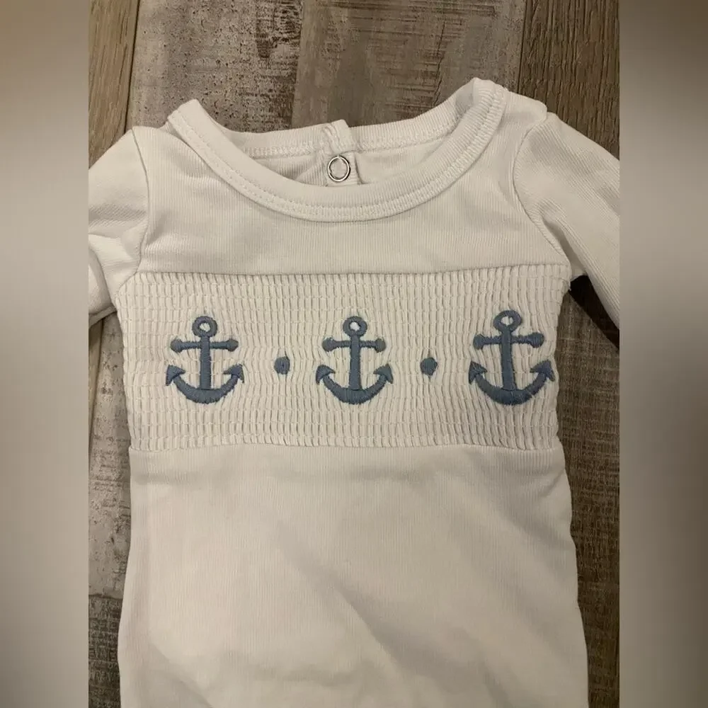 Maniere Child Smocked Anchor Footie 1M White Infant Sailor One Piece EUC